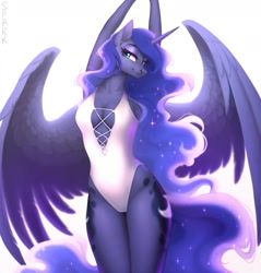 Size: 1637x1713 | Tagged: safe, alternate version, artist:sparkling_light, princess luna, alicorn, anthro, g4, absolute cleavage, breasts, cleavage, clothes, curvy, female, hourglass figure, legs together, one-piece swimsuit, simple background, solo, spread wings, stretching, stupid sexy princess luna, swimsuit, white swimsuit, winged anthro, wings