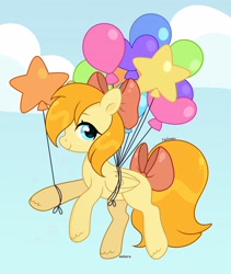 Size: 3400x4032 | Tagged: safe, artist:chaoticcr0w, oc, oc only, oc:deliambre, pegasus, pony, balloon, base used, bow, cloud, female, floating, flying, mare, orange mane, orange tail, pegasus oc, sky, solo, tail, tail bow, then watch her balloons lift her up to the sky, yellow coat