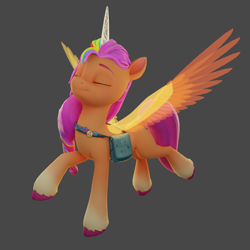 Size: 1920x1920 | Tagged: safe, artist:anthonystt, sunny starscout, alicorn, earth pony, pony, g5, my little pony: a new generation, 3d, artificial horn, artificial wings, augmented, bag, blender, coat markings, cute, eyes closed, female, fluttershy's cutie mark, gray background, happy, horn, magic, magic horn, magic wings, mane stripe sunny, mare, race swap, rainbow dash's cutie mark, saddle bag, simple background, smiling, socks (coat markings), solo, sunnycorn, twilight sparkle's cutie mark, unshorn fetlocks, wings