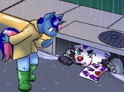 Size: 1280x951 | Tagged: safe, artist:ketzel99, oc, oc:ryo, anthro, boots, clothes, clown, it, pennywise, rain, raincoat, shoes, solo, storm drain