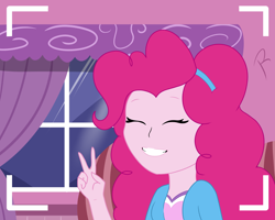 Size: 2500x2000 | Tagged: safe, artist:reinbou, pinkie pie, human, equestria girls, g4, camera shot, eyes closed, high res, peace sign, smiling, solo