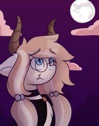 Size: 719x909 | Tagged: safe, artist:chaoticcr0w, oc, oc only, pony, clothes, cloud, commission, fangs, female, glasses, horns, looking up, mare, moon, night, round glasses, solo