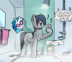 Size: 1657x1440 | Tagged: safe, artist:shieltar, dj pon-3, octavia melody, vinyl scratch, earth pony, pony, unicorn, g4, bathroom, dialogue, duo, female, hair over eyes, mare, music notes, open mouth, open smile, shower, showering, singing, singing in the shower, smiling, soap, solo focus, speech bubble, sunglasses, towel, wet, wet mane, wub