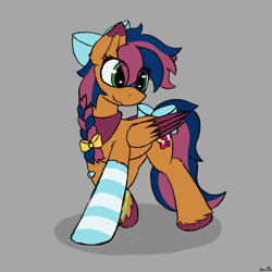 Size: 2000x2000 | Tagged: safe, artist:monycaalot, oc, oc only, oc:solar comet, pegasus, pony, bow, braid, clothes, colored sketch, disguised changedling, eyelashes, hair bow, high res, male, pegasus oc, pony oc, socks, solo, striped socks, tail, tail bow, trap