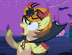 Size: 1400x1080 | Tagged: safe, artist:anonymous, edit, edited screencap, screencap, carrot top, golden harvest, human, pony, spider, g4, luna eclipsed, /ptfg/, cape, clothes, costume, devil costume, eye color change, fake horns, female, hoof shoes, human to pony, literal hoof shoes, mare, mid-transformation, night, nightmare night, nightmare night costume, open mouth, scared, show accurate, transformation
