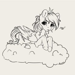 Size: 4000x4000 | Tagged: safe, artist:miokomata, rainbow dash, pegasus, pony, g4, absurd resolution, cloud, cute, dashabetes, female, grayscale, lineart, looking at you, lying down, lying on a cloud, mare, monochrome, on a cloud, prone, simple background, solo, talking to viewer, white background