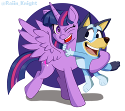 Size: 2016x1789 | Tagged: safe, artist:raiin_knight, twilight sparkle, alicorn, dog, pony, semi-anthro, g4, australian cattle dog, bluey, bluey heeler, crossover, duo, eyebrows, female, hug, mare, one eye closed, purple eyes, signature, simple background, spread wings, twilight sparkle (alicorn), white background, wings