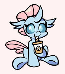 Size: 1221x1396 | Tagged: safe, artist:derp pone, derpibooru exclusive, ocellus, changedling, changeling, blushing, coffee, cute, diaocelles, drink, drinking, female, food, pink background, simple background, sitting, smiling, solo, tea