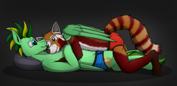 Size: 5980x2926 | Tagged: safe, artist:tacomytaco, oc, oc only, oc:bramble, oc:taco.m.tacoson, pegasus, pony, red panda, briefs, clothes, cuddling, gradient background, hug, lying down, lying on top of someone, smiling, underwear, winghug, wings