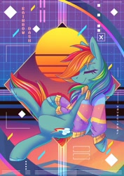 Size: 2480x3508 | Tagged: safe, artist:wavecipher, rainbow dash, pegasus, pony, g4, clothes, eyes closed, high res, hoodie, smiling, solo, synthwave