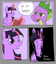 Size: 1280x1463 | Tagged: safe, artist:ecstasydemon, spike, twilight sparkle, alicorn, dragon, horse, pony, g4, comic, creepy, darkness, dialogue, female, funny, hoers, lidded eyes, magic, male, man i'm so hungry / how hungry, mare, meme, open mouth, ponified meme, speech bubble, telekinesis, twilight sparkle (alicorn)