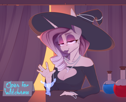 Size: 3200x2600 | Tagged: safe, artist:chapaevv, oc, oc only, oc:sumac spirit, anthro, breasts, cleavage, female, fire, hat, high res, jewelry, looking at you, necklace, patreon, patreon reward, pearl necklace, potion, solo, spirit, store, text, witch, witch hat