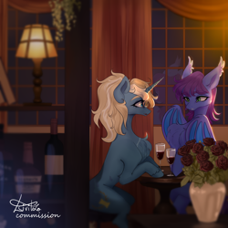 Size: 3000x3000 | Tagged: safe, artist:livitoza, oc, oc only, oc:maple parapet, bat pony, pony, unicorn, bat pony oc, chest fluff, duo, flower, glass, high res, horn, lamp, rose, unicorn oc, window, wine glass