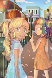 Size: 2000x3000 | Tagged: safe, artist:snowzaaah, applejack, rainbow dash, human, g4, alternate hairstyle, bridge, building, cheongsam, chinese new year, clothes, dress, duo, female, high res, humanized, lamppost, lantern, lesbian, looking at you, lunar new year, petals, scenery, ship:appledash, shipping