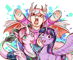 Size: 1759x1446 | Tagged: safe, artist:thurder2020, twilight sparkle, alicorn, bat pony, dracony, dragon, hybrid, pony, g4, chainsaw man, crossover, jojo's bizarre adventure, jolyne cujoh, peace sign, ponified, power (chainsaw man), trio, twilight sparkle (alicorn), underhoof