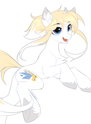 Size: 2300x3122 | Tagged: safe, artist:redchetgreen, oc, oc only, unnamed oc, pony, unicorn, bangs, blue eyes, butt, chest fluff, colored, colored eartips, colored hooves, concave belly, ear fluff, ear markings, eyebrows, eyebrows visible through hair, eyelashes, flat colors, high res, hoof fluff, hooves, horn, horn markings, horn pattern, leg fluff, long bangs, looking forward, open mouth, open smile, plot, short horn, side view, sidebangs, signature, simple background, slender, smiling, solo, tail, teeth, thin, turned head, two toned mane, two toned tail, underhoof, unicorn oc, unshorn fetlocks, white background, white coat, windswept mane