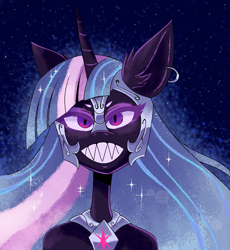 Size: 1009x1098 | Tagged: safe, artist:meyco, twilight sparkle, anthro, g4, alternate universe, evil grin, female, grin, long mane, looking at you, mare, nightmare twilight, nightmarified, piercing, sharp teeth, simple background, smiling, solo, sparkles, teeth