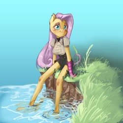 Size: 2477x2476 | Tagged: safe, artist:haku nichiya, fluttershy, pegasus, anthro, g4, blush sticker, blushing, female, high res, legs in the water, partially submerged, solo, water