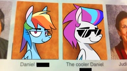 Size: 1452x816 | Tagged: safe, artist:rachel-morrigan, rainbow dash, zipp storm, human, pegasus, pony, g4, g5, duo, irl, irl human, meme, photo, ponified meme, sunglasses, the cooler daniel, yearbook, yearbook photo