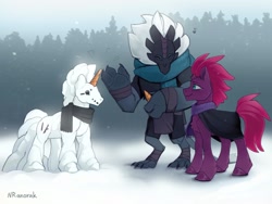 Size: 1440x1080 | Tagged: safe, artist:anoraknr, fizzlepop berrytwist, tempest shadow, pony, storm creature, unicorn, g4, cloak, clothes, duo, music notes, scarf, smiling, snow, snowmare