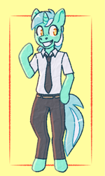 Size: 1229x2048 | Tagged: safe, artist:purrtal2, lyra heartstrings, unicorn, semi-anthro, g4, arm hooves, clothes, grin, necktie, pants, shirt, simple background, smiling, solo, yellow background