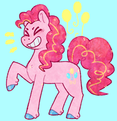 Size: 1280x1326 | Tagged: safe, artist:purrtal2, pinkie pie, earth pony, pony, g4, ><, balloon, blue background, eyes closed, grin, raised hoof, simple background, smiling, solo, unshorn fetlocks