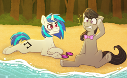 Size: 1280x789 | Tagged: safe, artist:purrtal2, dj pon-3, octavia melody, vinyl scratch, earth pony, pony, unicorn, a tropical octav3, g4, beach, belly, duo, forest, lying down, prone, sand, scared, sitting, water