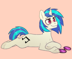 Size: 1280x1047 | Tagged: safe, alternate version, artist:purrtal2, dj pon-3, vinyl scratch, pony, unicorn, a tropical octav3, g4, lying down, pink background, prone, simple background, solo