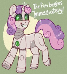 Size: 1280x1414 | Tagged: safe, artist:purrtal2, sweetie belle, pony, robot, robot pony, g4, smiling, solo, sweetie bot