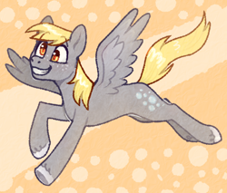 Size: 1280x1093 | Tagged: safe, artist:purrtal2, derpy hooves, pegasus, pony, g4, abstract background, derp, flying, freckles, hooves, slender, smiling, solo, spread wings, thin, unshorn fetlocks, wings