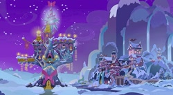 Size: 1223x673 | Tagged: safe, screencap, g4, my little pony best gift ever, background, bow, christmas, christmas lights, decoration, hearth's warming, holiday, night, no pony, ribbon, school of friendship, snow, stars, twilight's castle