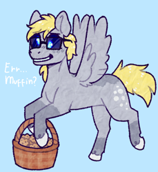 Size: 1280x1397 | Tagged: safe, artist:purrtal2, derpy hooves, pegasus, pony, g4, basket, blue background, crossover, food, muffin, portal (valve), portal 2, simple background, solo, sunglasses, wheatley