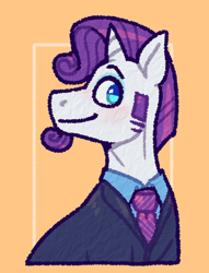 Size: 1280x1678 | Tagged: safe, artist:purrtal2, rarity, pony, unicorn, g4, clothes, elusive, male, necktie, orange background, sideburns, simple background, solo, stallion, suit, trans male, transgender