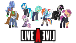 Size: 3840x2160 | Tagged: safe, artist:menalia, dj pon-3, lyra heartstrings, octavia melody, princess luna, rainbow dash, sunny starscout, sweetie belle, vinyl scratch, oc, oc:littlepip, alicorn, pegasus, pony, robot, robot pony, undead, unicorn, vampire, fallout equestria, fanfic:background pony, g4, g5, bipedal, boots, clothes, crossover, dress, famicom, female, filly, fingerless gloves, foal, gloves, high res, hoodie, live a live, logo, looking at someone, looking at you, mafia, mafia octavia, magic, mare, nintendo, pants, pipbuck, shoes, simple background, sneakers, suit, sweetie bot, wallpaper, white background