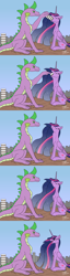 Size: 3662x14380 | Tagged: safe, artist:lightning bolty, editor:snowy comet, spike, twilight sparkle, alicorn, dragon, pony, the last problem, absurd resolution, building, cartoon physics, city, cityscape, colored, comic, concave belly, cracked ground, cracks, cute, destruction, digestion without weight gain, eating, ethereal mane, ethereal tail, feeding, female, flat colors, floppy ears, folded wings, gradient mane, gulp, hammerspace, hammerspace belly, height difference, implied mass vore, implied vore, long mane, looking at each other, looking at someone, macro, male, neck bulge, object stuffing, object vore, older, older spike, older twilight, princess twilight 2.0, rubble, shipping, signature, sitting, sky, slim, smiling, smiling at each other, starry mane, starry tail, sternocleidomastoid, straight, swallowing, tail, tall, thin, throat bulge, twiabetes, twilight sparkle (alicorn), twipred, twispike, vore, vore sequence, wall of tags, wingless, wings