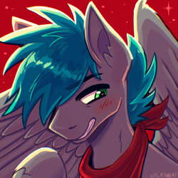 Size: 2048x2048 | Tagged: safe, artist:rament, oc, oc only, oc:silver sky, pegasus, pony, blushing, bust, eyebrows, eyebrows visible through hair, gray coat, heart, heart eyes, high res, icon, looking away, male, partially open wings, red background, red bandana, simple background, solo, stallion, teal mane, unshorn fetlocks, wingding eyes, wings