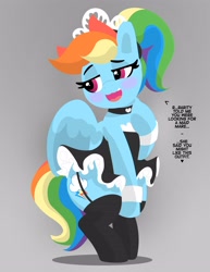 Size: 2550x3300 | Tagged: safe, artist:pabbley, artist:zahratatsumaki, color edit, edit, rainbow dash, pegasus, pony, g4, adorasexy, bipedal, blushing, choker, clothes, colored, cute, dialogue, female, garter belt, garter straps, high res, lidded eyes, maid, mare, nervous sweat, open mouth, open smile, rainbow dash always dresses in style, rainbow maid, sexy, smiling, socks, solo, stockings, thigh highs