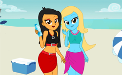 Size: 3824x2367 | Tagged: safe, artist:eli-j-brony, oc, oc only, oc:ariel phantom, oc:shine, human, equestria girls, g4, beach, belly button, bikini, bikini top, clothes, high res, sarong, swimsuit, water bottle