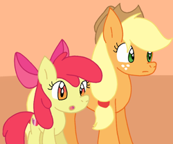 Size: 970x809 | Tagged: safe, artist:cmara, apple bloom, applejack, earth pony, pony, g4, apple bloom's bow, apple sisters, applejack's hat, bow, cowboy hat, female, filly, foal, hair bow, hat, mare, orange background, siblings, simple background, sisters