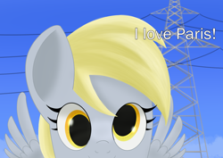 Size: 3508x2480 | Tagged: safe, artist:samenandsam, derpy hooves, pegasus, pony, g4, derpy being derpy, english, female, high res, looking at you, mare, meme, ponified meme, power line, simple background, smiling, solo, wings