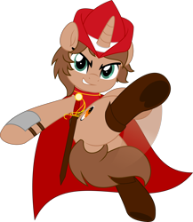 Size: 4336x5000 | Tagged: safe, artist:jhayarr23, oc, oc only, oc:heroic armour, pony, unicorn, belt, boots, bracer, cape, clothes, commission, determination, determined, determined face, determined look, determined smile, hat, hoof heart, kicking, looking at you, male, pose, rapier, red mage, shoes, simple background, smiling, smiling at you, solo, stallion, stallion oc, sword, transparent background, underhoof, weapon, ych result