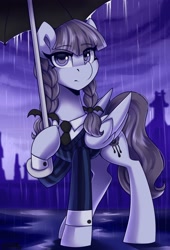 Size: 1600x2350 | Tagged: safe, artist:shadowreindeer, inky rose, pegasus, pony, g4, crossover, eyebrows, eyebrows visible through hair, female, looking at you, mare, rain, solo, umbrella, wednesday addams
