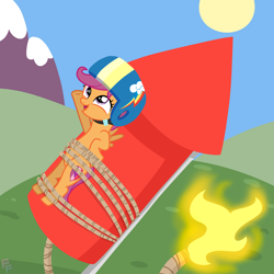 Size: 3000x3000 | Tagged: safe, artist:ponykittenboi, scootaloo, pegasus, pony, g4, bondage, fire, fireworks, fuse, grass, grass field, helmet, high res, mountain, mountain range, rocket, rope, show accurate, sky, smiling, solo, sun, this will end in tears and/or death and/or covered in tree sap, unsexy bondage