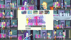 Size: 1280x722 | Tagged: safe, edit, edited screencap, editor:quoterific, screencap, applejack, fluttershy, rainbow dash, rarity, spike, spike the regular dog, dog, human, equestria girls, g4, my little pony equestria girls: better together, street chic, applejack's hat, blue eyeshadow, clothes, cold, cowboy hat, dress, eyeshadow, female, grin, hat, leaves, makeup, male, open mouth, open smile, shivering, smiling, snow, wind