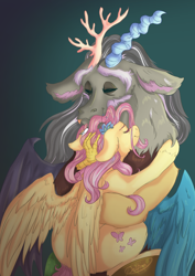 Size: 2480x3508 | Tagged: safe, artist:delfinaluther, discord, fluttershy, draconequus, pegasus, pony, g5, spoiler:g5comic, cuddling, female, fluttercord week, high res, hug, male, mare, old man discord, older, older fluttershy, ship:discoshy, shipping, straight