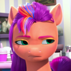 Size: 670x670 | Tagged: safe, screencap, sunny starscout, earth pony, pony, g5, my little pony: make your mark, my little pony: make your mark chapter 2, the cutie mark mix-up, annoyed, cropped, female, frown, mane stripe sunny, mare, solo, sunny starscout is not amused, unamused