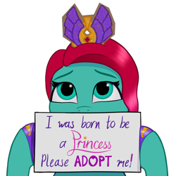 Size: 840x840 | Tagged: safe, artist:dan4rescue, jazz hooves, earth pony, pony, all hail the queen with queen haven, g5, my little pony: the podcast, cute, fake tiara, female, holding sign, hoof polish, jazz has no ears, jazzibetes, mare, no ears, sign, simple background, solo, transparent background