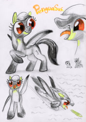 Size: 2812x4000 | Tagged: safe, artist:ja0822ck, oc, oc only, bird, bird pone, original species, pegasus, penguin, pony, female, filly, foal, food, hay, hayfish, mare, penguin pony, ponified, tongue out, traditional art