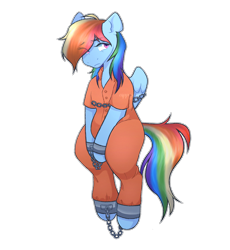 Size: 2000x2173 | Tagged: safe, artist:cappugchino, rainbow dash, pegasus, pony, g4, bound wings, chained, chains, clothes, commission, commissioner:rainbowdash69, high res, never doubt rainbowdash69's involvement, prison outfit, prisoner, prisoner rd, simple background, solo, transparent background, wings