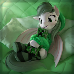 Size: 3840x3840 | Tagged: safe, artist:sgt.acey, oc, oc only, bat pony, pony, 3d, clothes, comfy, creeper, cute, dragon wings, high res, hoodie, hug, looking at something, pillow, plushie, smiling, socks, solo, striped socks, wings